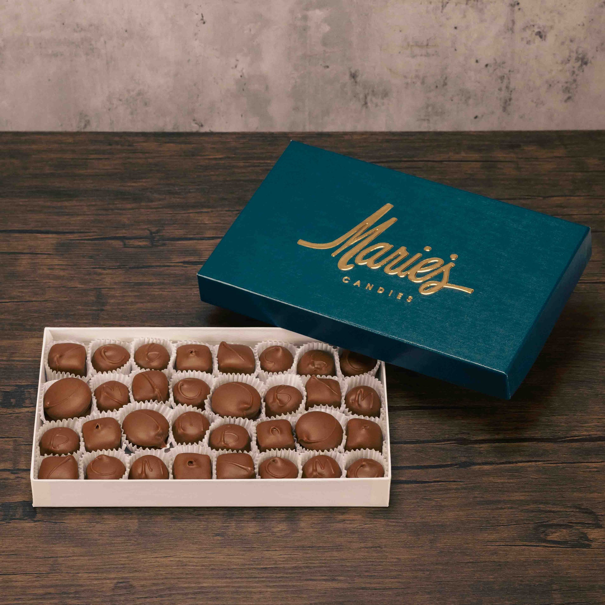 This all milk chocolate assortment contains all of your favorite soft center chocolates, including Butter Creams (vanilla), Chocolate Creams, Dutch Treats, Maple Creams, Peanut Butter Fancies, and Peppermint Patties. Approximately 32 pieces per pound.