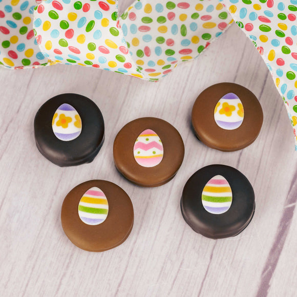 Milk or Dark chocolate covered Oreos with an Easter Egg sugar decoration on top