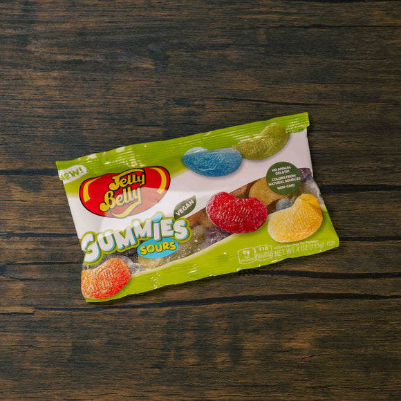 A small bag that has about 24 Jelly Bely jelly bean shaped gummies includes flavors like sour apple, sour berry, sour lemon, sour orange and sour very cherry. 