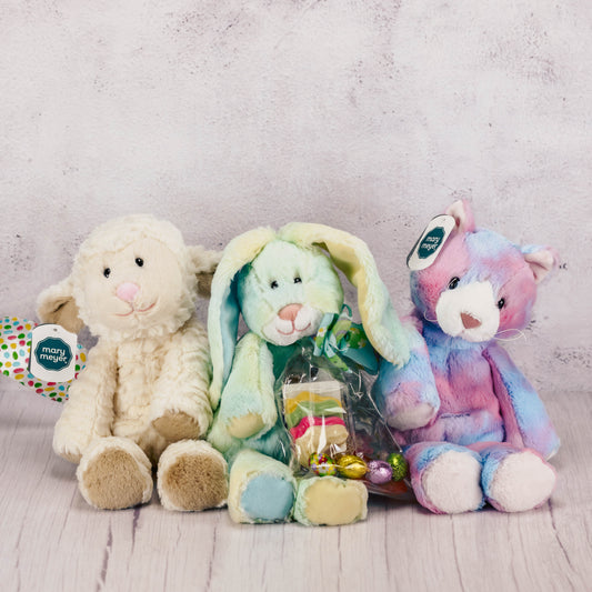 Choose a bunny, lamb, kitty, puppy, cow, elephant or dinosaur plush that comes packaged with some Easter candy.