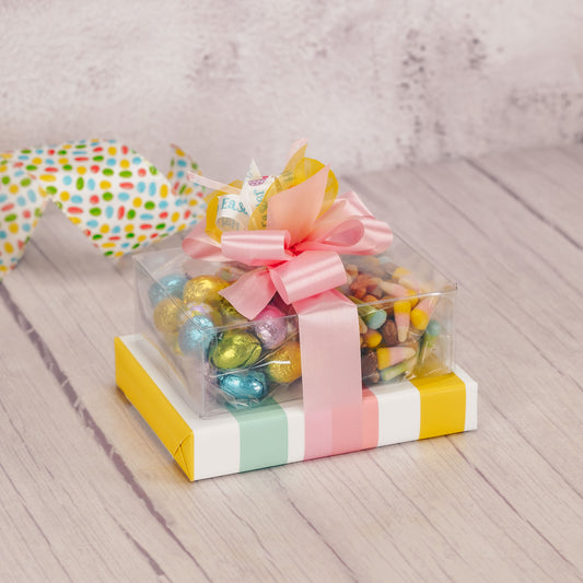 a small easter gift stack packaged with sweet treats
