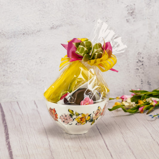 a flower printed snack bowl is filled with spring sweet treats!