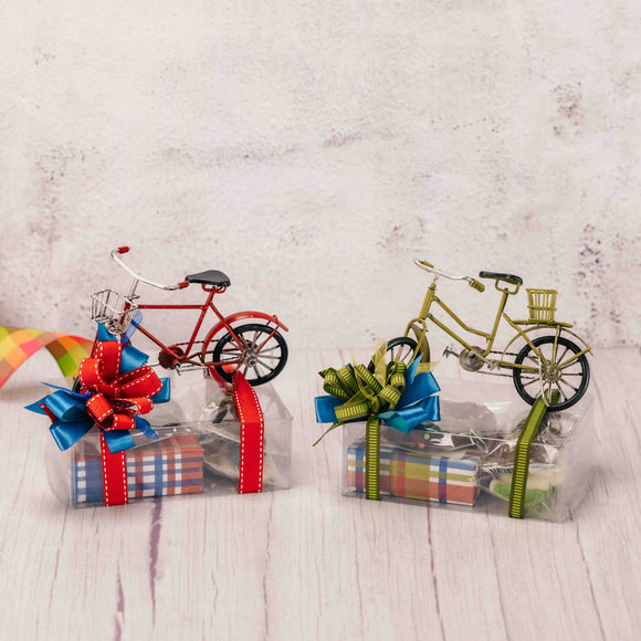choose a green or red metal bicycle decorative piece that comes with some sweet treats