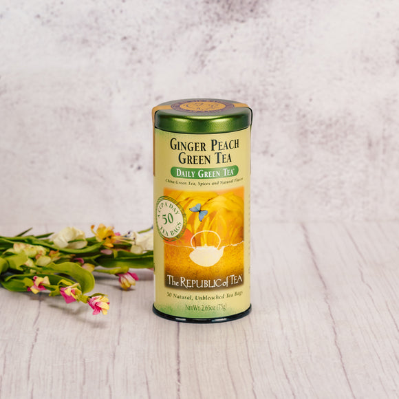 a tin of 50 ginger peach green teabags from The Republic of Tea company