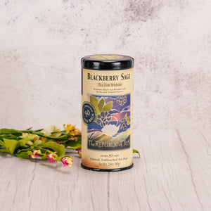 a tall tin of 50 blackberry sage teabags 