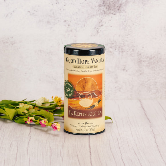 a tall tin of 36 good hope vanilla teabags made by The Republic of Tea company