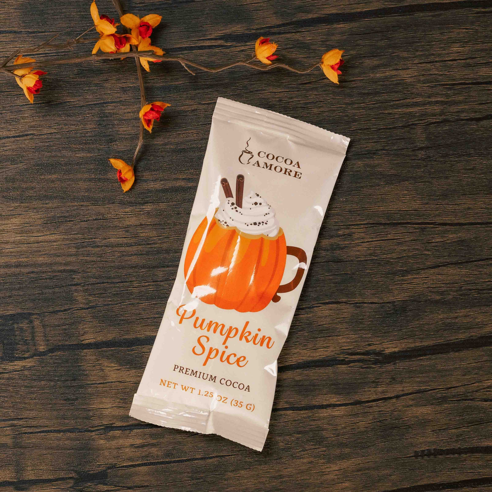 one serving bag of pumpkin spice hot cocoa mix