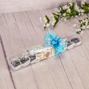 a 1/4 lb. sleeve of our wonderful sea salt sallies are packaged with a small travel -sized beach scented hand lotion.