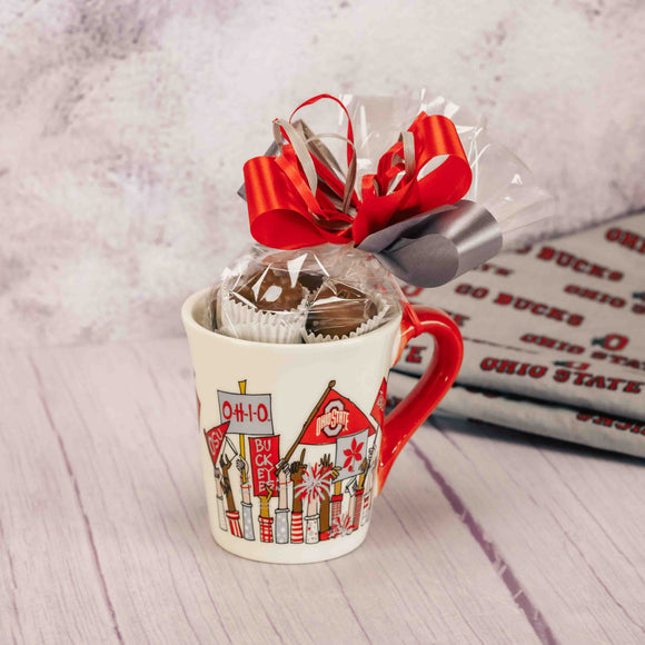 a mug of cheering Ohio State fan arms and flags is filled with a half pound of assorted milk chocolates