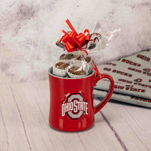 a scarlet ohio state mug filled with over a half pound of assorted milk chocolates