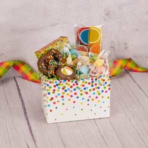 funfetti printed large paper basket is filled with sweet treats the whole clan can enjoy!