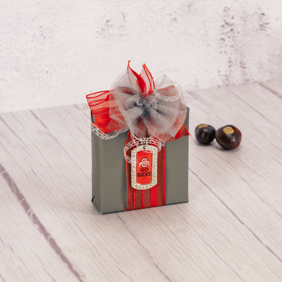 a sampler box of assorted chocolates is wrapped and topped with a crystal dog tag styled keychain that says 'go bucks'