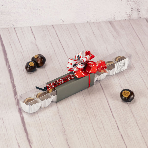 a 1/4 lb. box of our wonderful Buckeyes is packaged with a beaded keychain that says 'go bucks' 