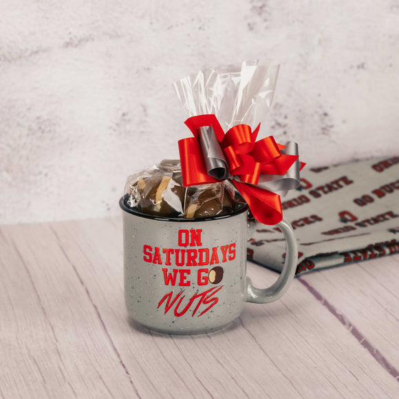 gray ceramic ohio state mug that reads 'on saturdays, we go nuts' and is filled with over a half pound of our buckeyes