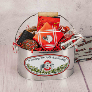 a metal ohio state utensil caddy is full of two pounds of delicious candies