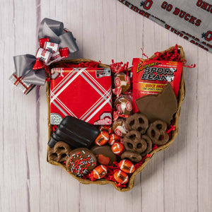 an Ohio shaped wicker basket filled with treats for football season!