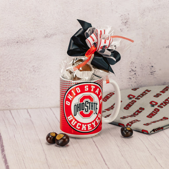 an Ohio State Buckeyes mug is filled with a half pound of assorted milk chocolates