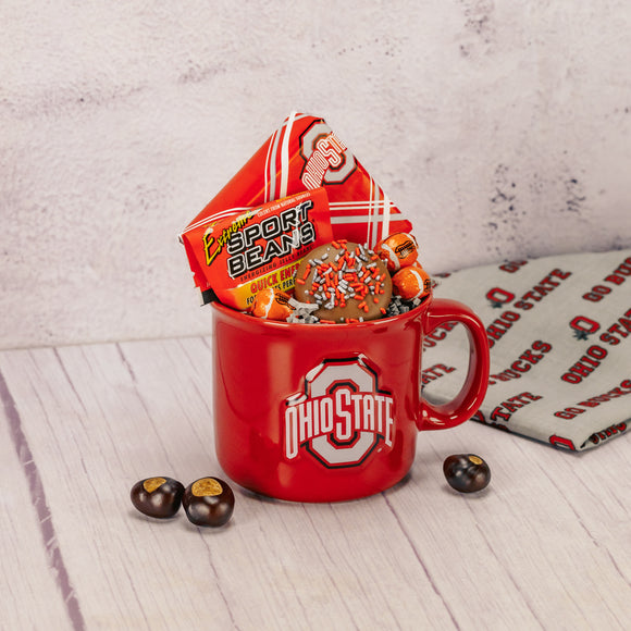 Red Ohio State camp styled mug filled with sweet treats