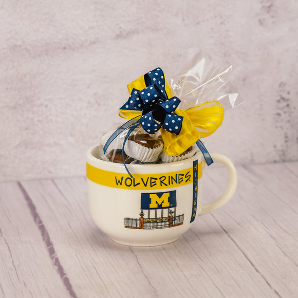 a white Michigan soup mug filled with a half pound of assorted milk chocolates