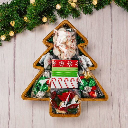 a wicker tree shaped basket is filled with over a pound and a half of candies.