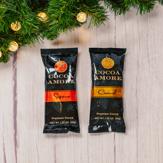 hot cocoa single servings in the flavors of supreme and caramel