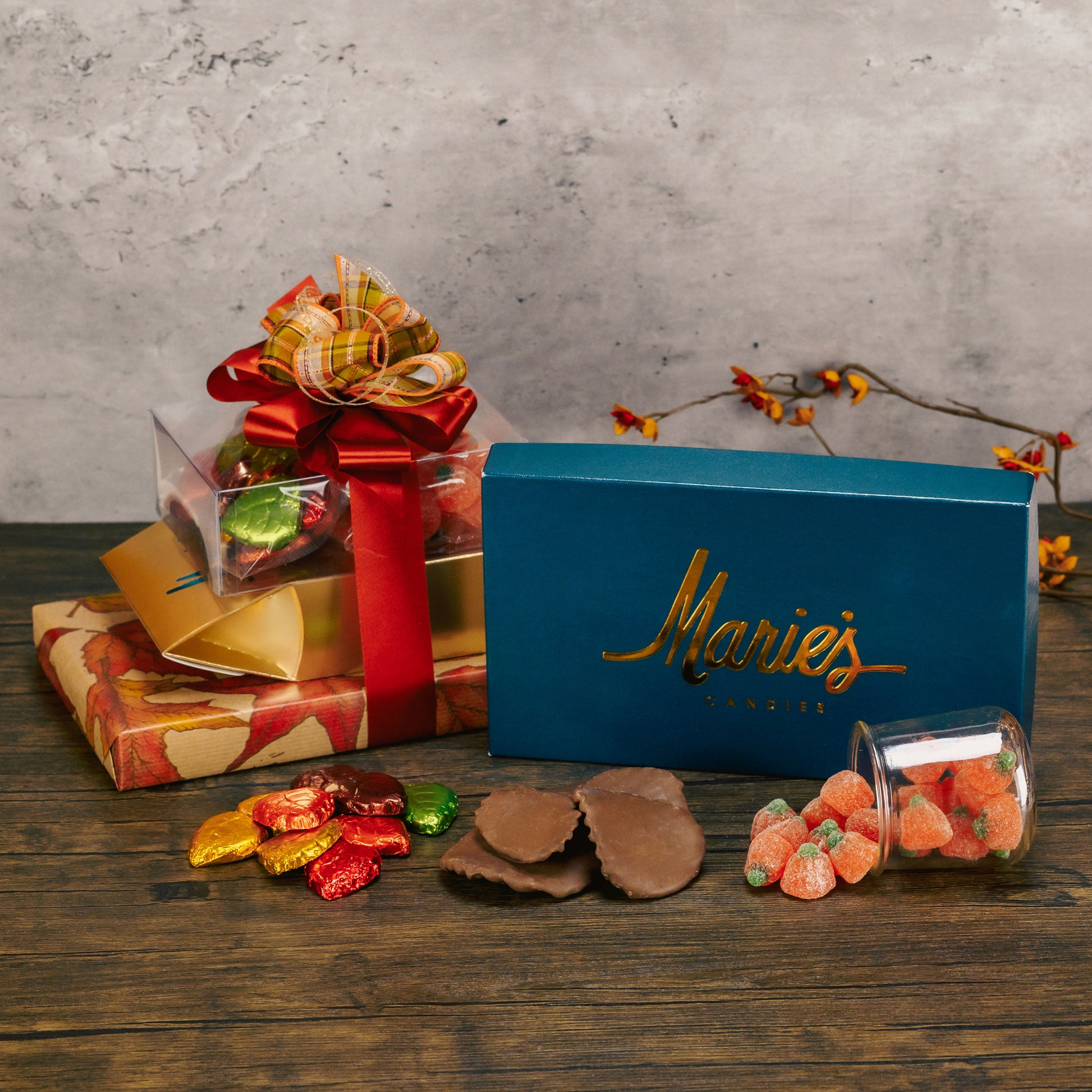a large fall gift stack packaged with classic treats