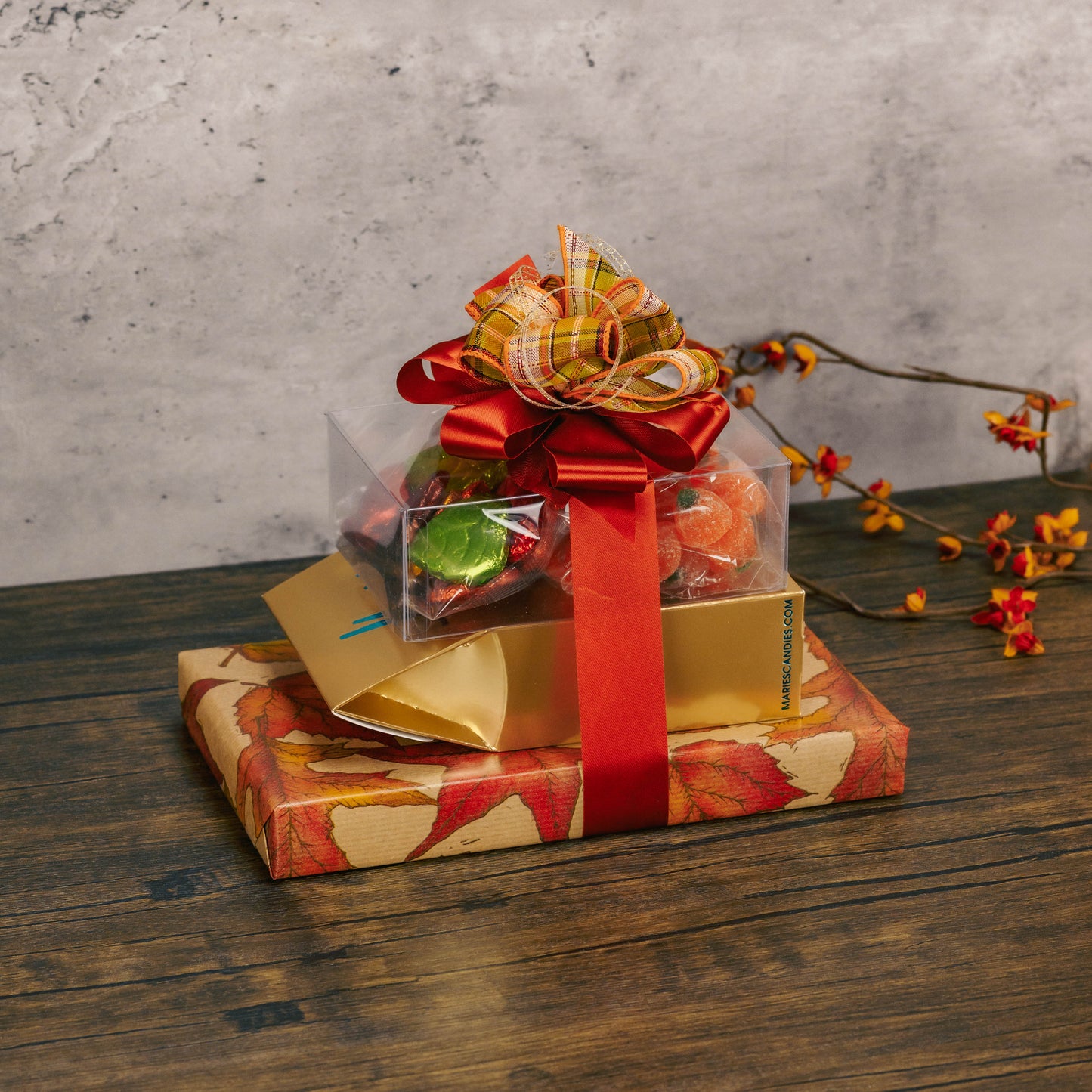 a large fall gift stack packaged with classic treats