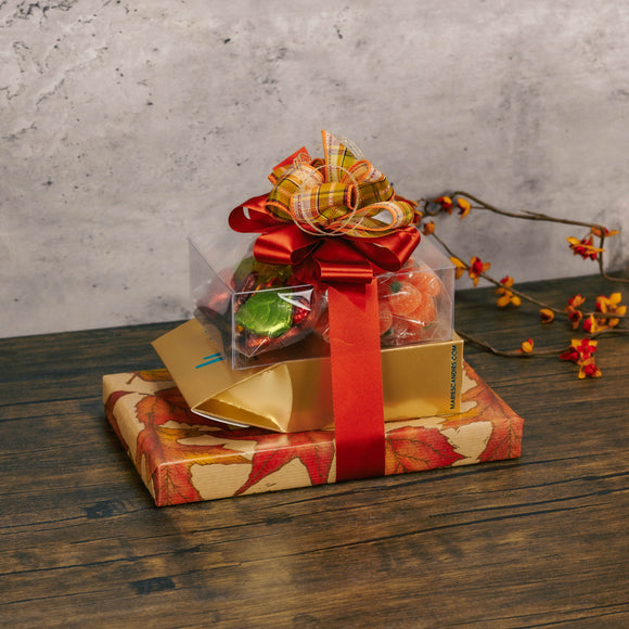 a large fall gift stack packaged with classic treats