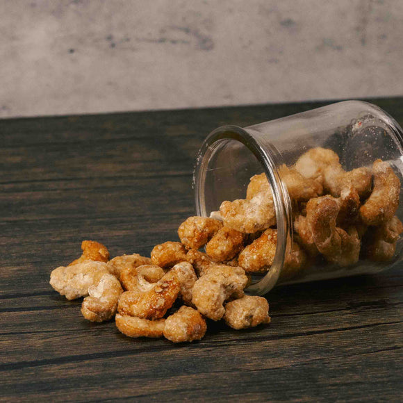 A half pound bag of crunchy cashews that are toasted with sweet honey with a dash of salt. Perfect for snacking, baking or topping.