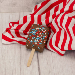 A chewy Rice Krispie Treat on a popsicle stick, covered in creamy milk chocolate and sprinkled with red, white, and blue stars and sprinkles.