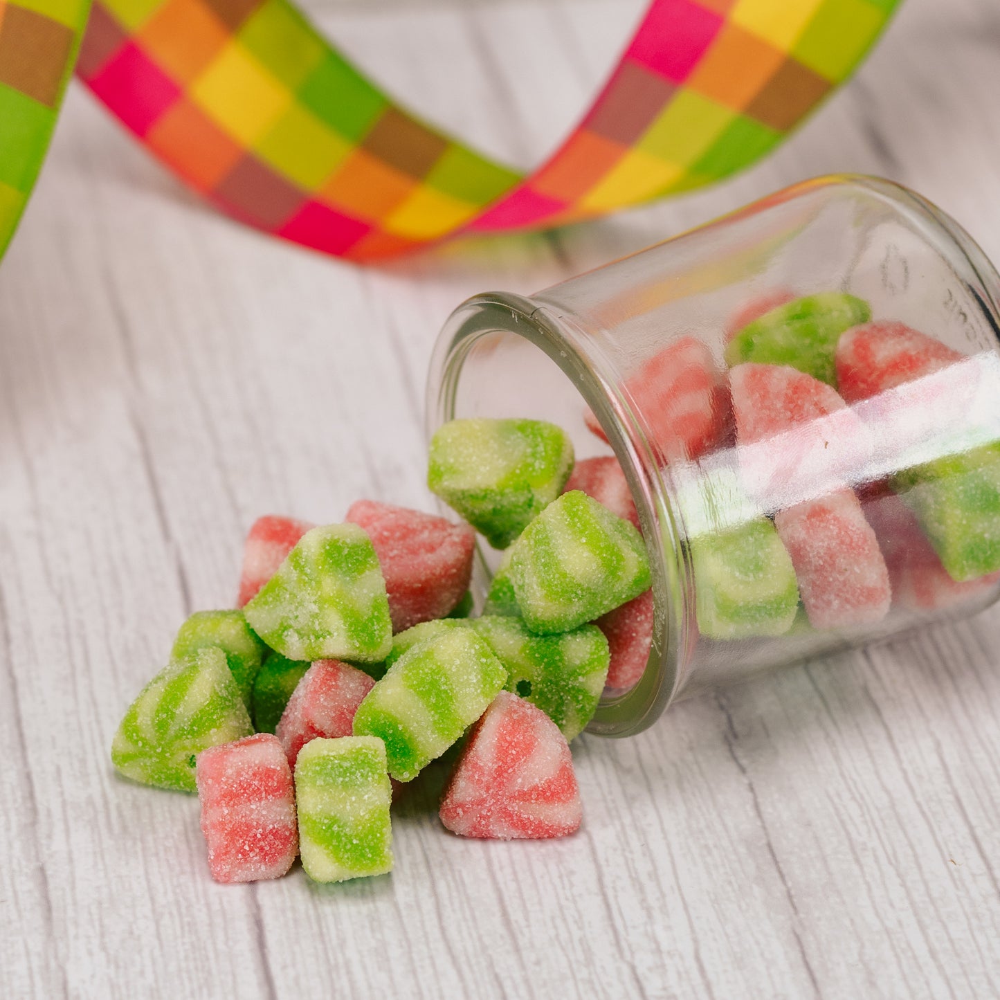 half pound bag of pink and green gummi watermelon slices