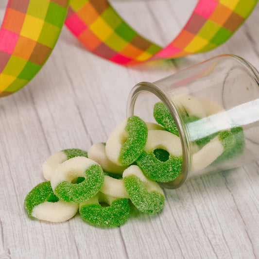 half pound bag of apple flavored gummi round rings.
