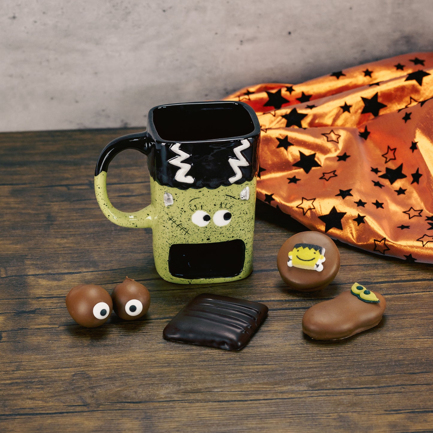 a bride monster cookie mug filled with sweet treats. mug has an open spot to hold your cookies while you sip your favorite beverage.