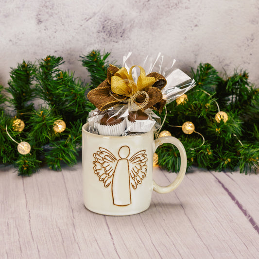 a half pound milk chocolate assortment is packaged in an angel mug