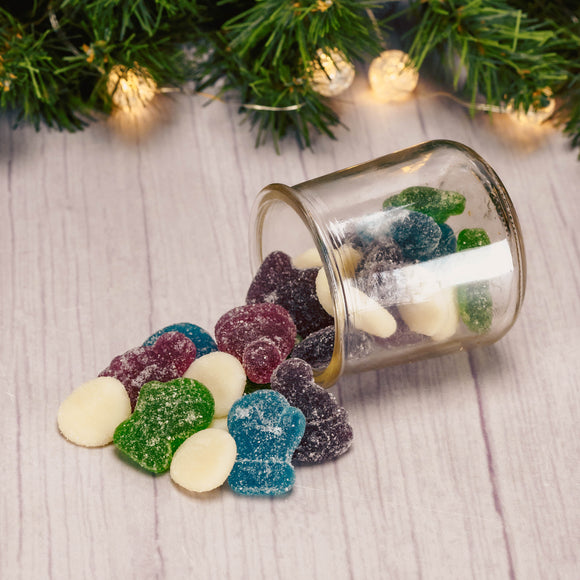 sour fruit flavored gummi hats, mittens and snow balls are sugar coated and come in half pound bags 