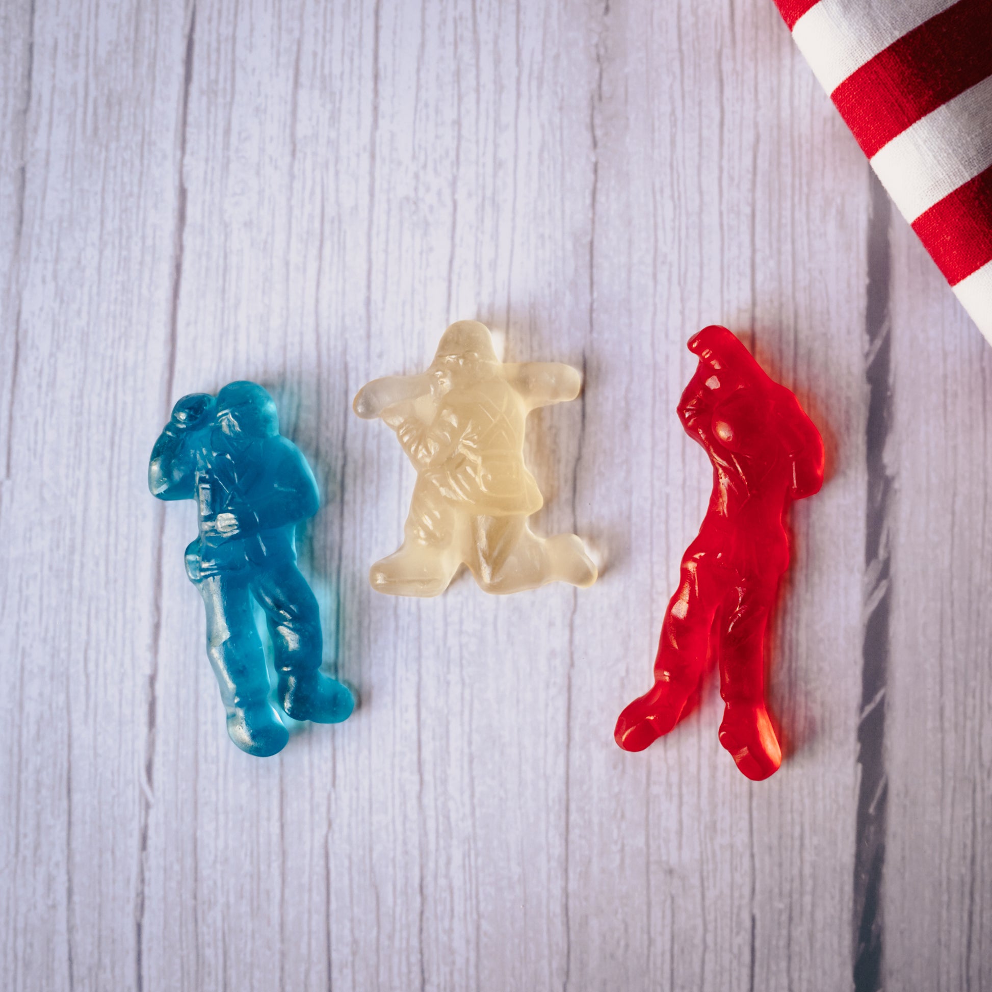 half pound bag of red, blue and white military people gummies