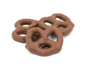 Pretzels dipped in smooth milk chocolate, rich dark chocolate or white coating. Half pound package.
