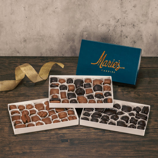 A one pound box of assorted chocolates. Choose an all milk chocolate, milk and dark assortment or all dak chocolate assortment. Approximately 34 pieces of candy. Includes a variety of creams, caramels and crunchy pieces., such as Butter Creams, Peppermint Chews, Peanut Butter and our famous Tur'Kins.