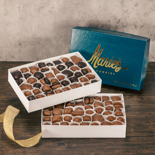 A three pound box of assorted chocolates. Choose an all milk chocolate or milk and dark chocolate assortment. Pieces include Creams, caramels and crunchy pieces., and our famous Tur'Kins, like a turtle. Approximately 90 total pieces.