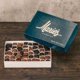 A three pound box of assorted chocolates. Choose an all milk chocolate or milk and dark chocolate assortment. Pieces include Creams, caramels and crunchy pieces., and our famous Tur'Kins, like a turtle. Approximately 90 total pieces.
