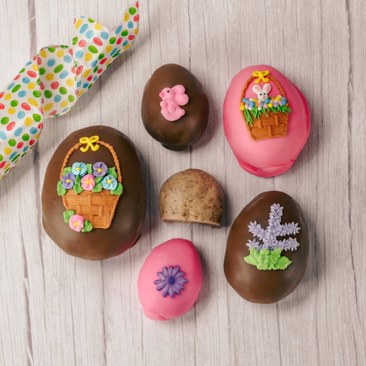 pecan cream eggs in milk chocolate or pink coating in various sizes