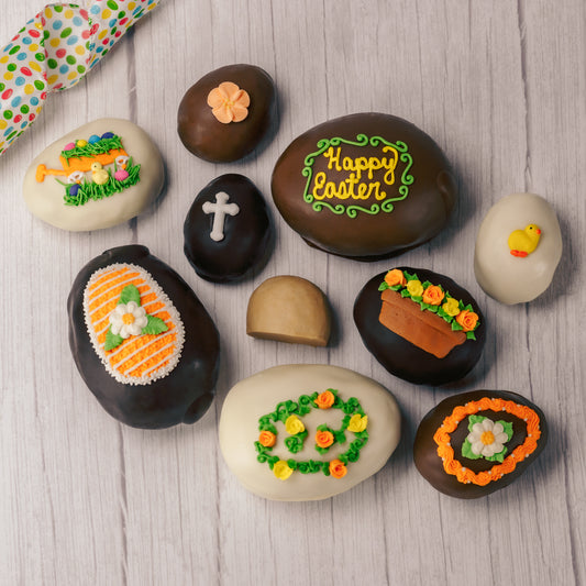 smooth peanut butter cream filled eggs for Easter in milk or dark chocolate or white coating