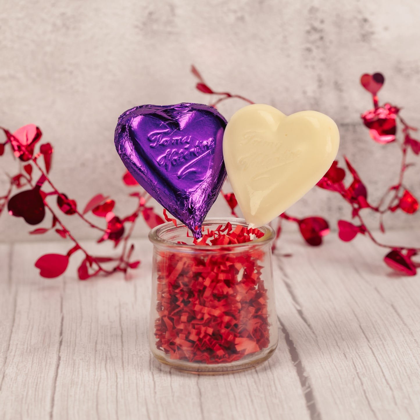 heart shaped sucker reads 'To My Valentine' and comes in white coating with purple foil.