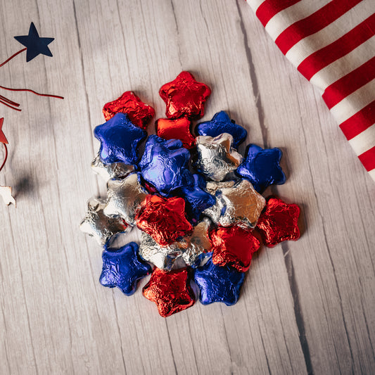 half pound bag of red, blue and silver foil-wrapped milk chocolate stars.