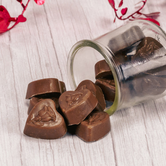 milk chocolate shell hearts filled with caramel or peanut butter.