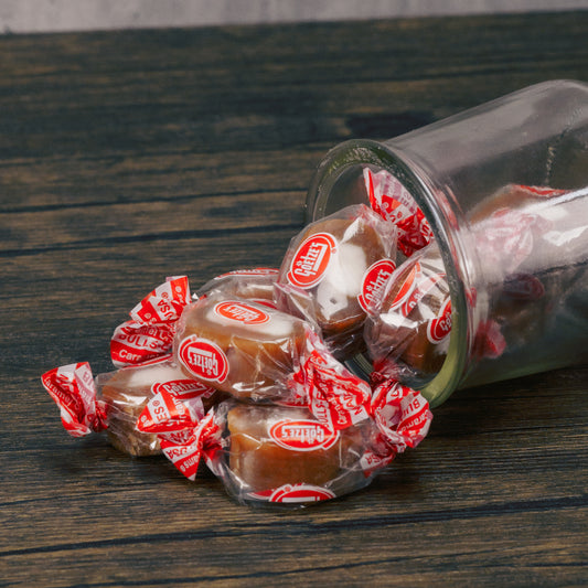 A half pound bag of chewy caramel with vanilla cream centers will be a favorite anytime of the year!.