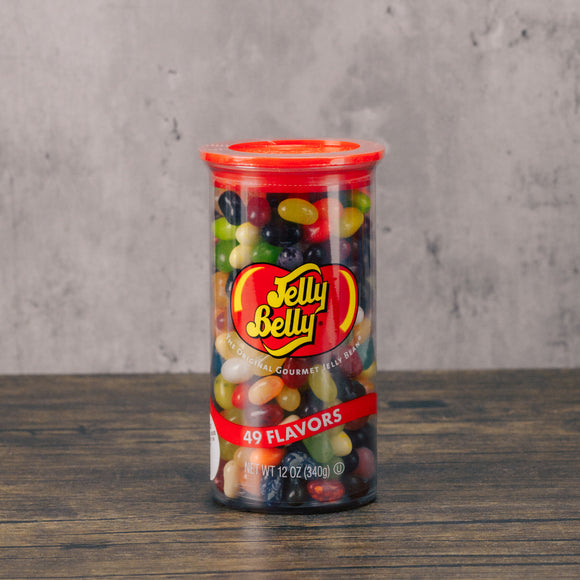 a can of Jelly Belly jelly beans. 49 different flavors