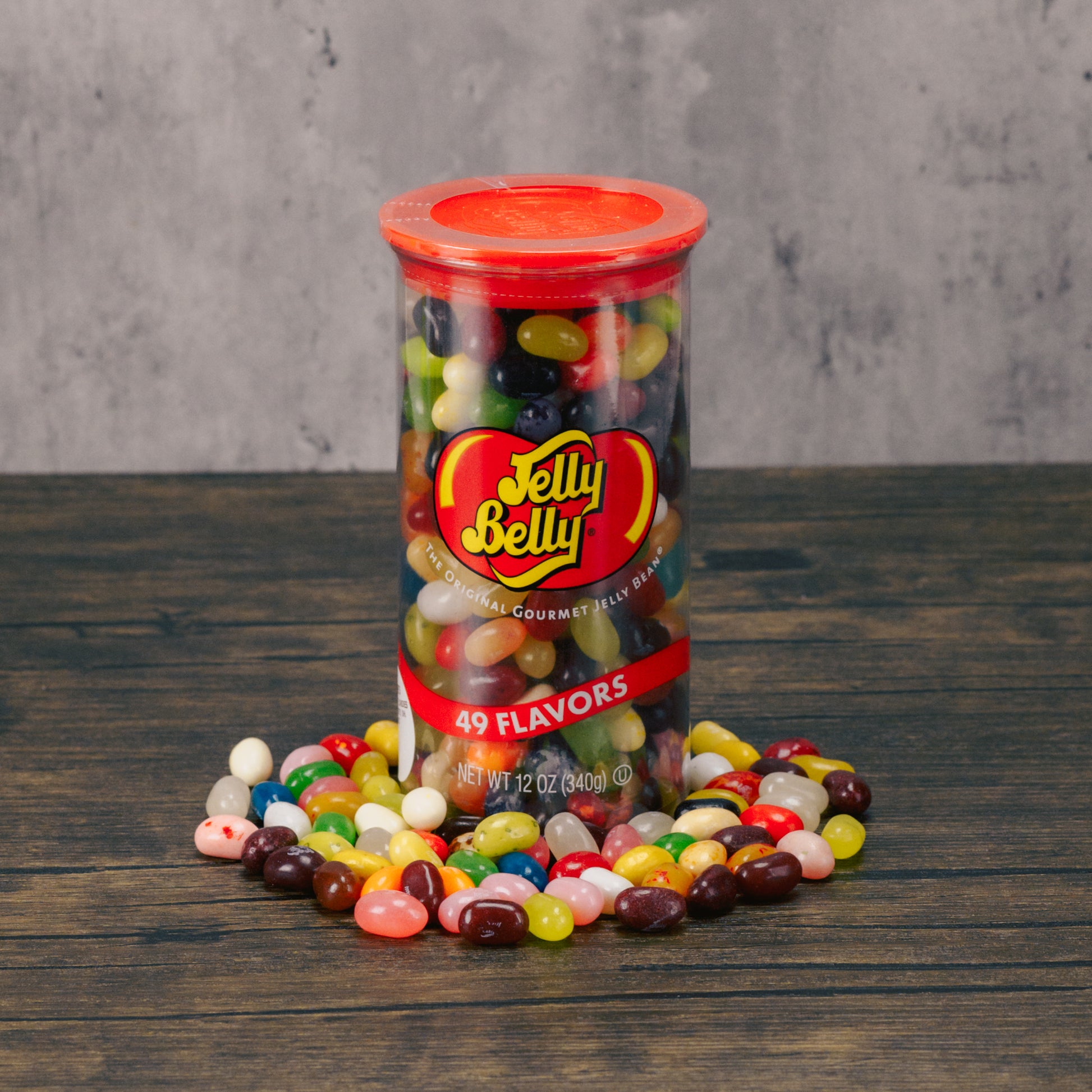 a can of Jelly Belly jelly beans. 49 different flavors