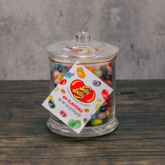 a glass jar full of Jelly Belly jelly beans.