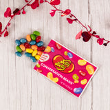 Jelly Belly sour jelly beans packaged in a 1 ounce bag with written words and sayings on each bean.